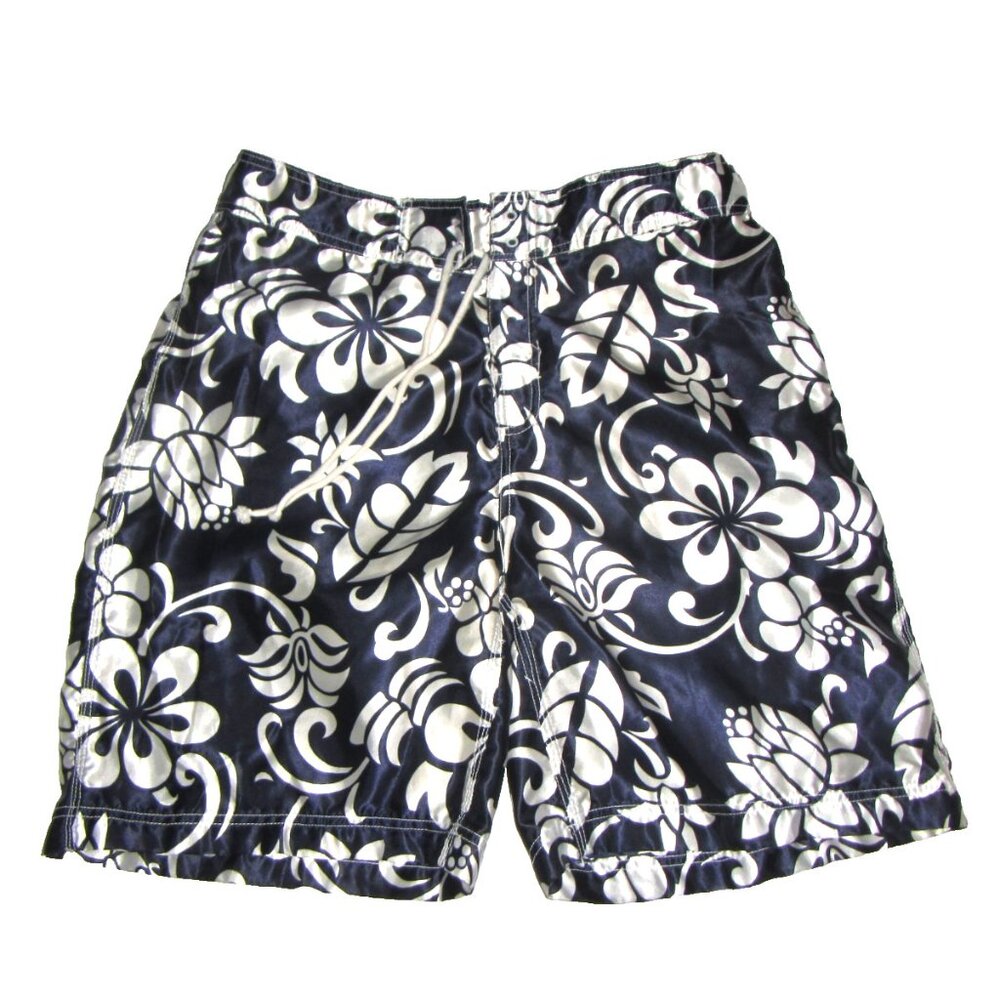 Rise Swim Trunks Size 36 Board Shorts Dark Navy Blue White Floral Hawaiian